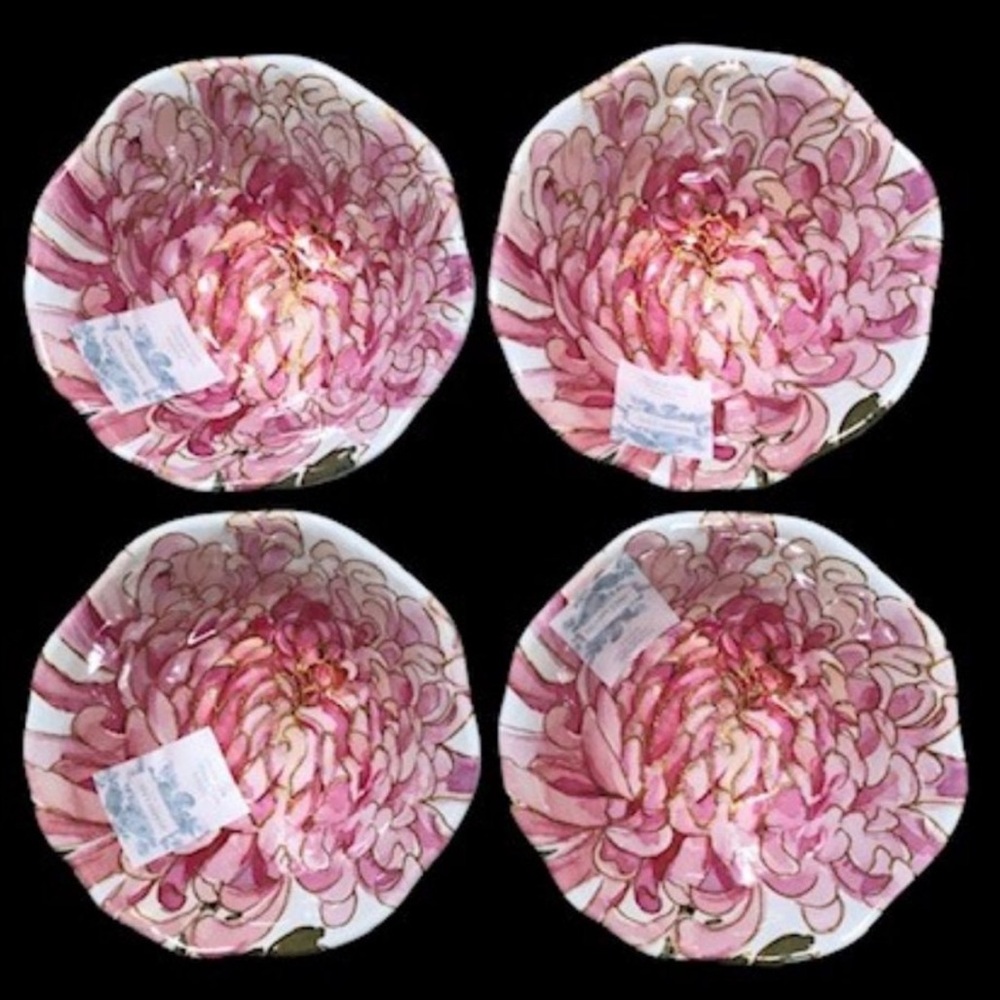 4 Shabby Chic Pink Gold Floral Melamine Bowls Scalloped Edges Lot of 4 NWT